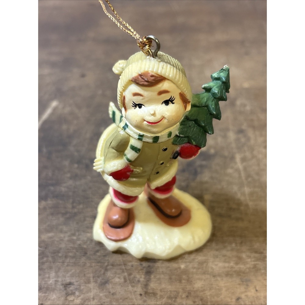 Vtg Plastic Boy Skiing Christmas Ornament Holding Tree 3"